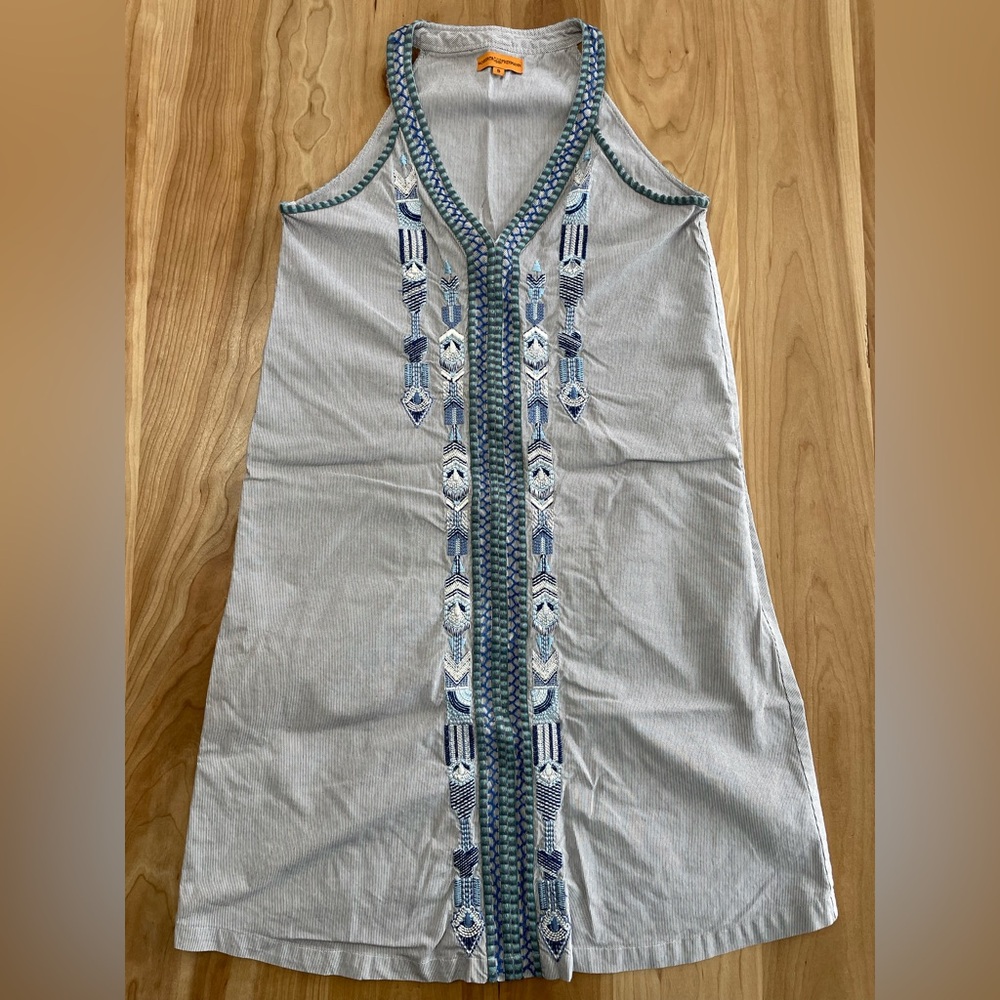 Roberta Freymann Small Shift Dress with Embroidery Blue Pinstripes Sleeveless